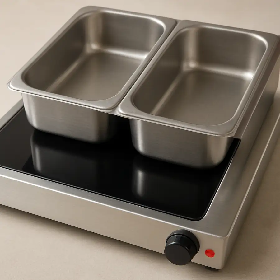 A close-up of a sleek glass-top warming tray and a brushed stainless steel server with food-grade pans.
