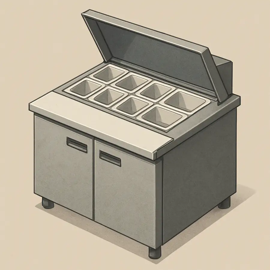 A 3D isometric view of a sandwich prep table with the lid open, showing the internal pan layout and the refrigerated cabinet below.