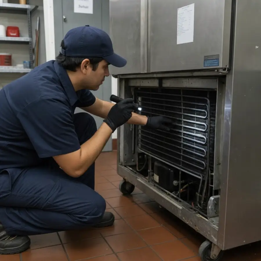 A technician inspecting the condenser coils of a commercial refrigerator