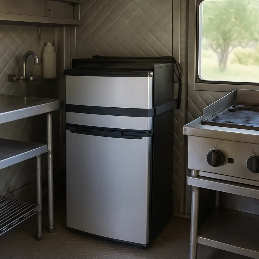 A compact refrigerator secured inside a food truck kitchen.