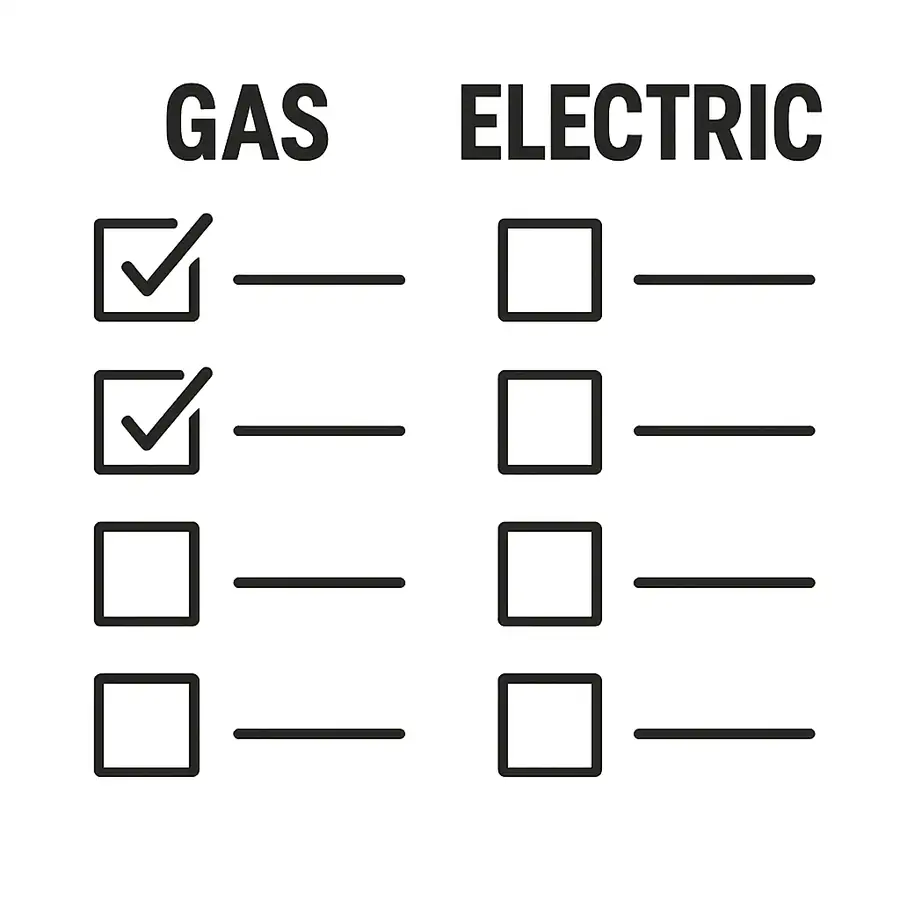 A clean, simple graphic of a checklist with a 'Gas' column and an 'Electric' column for readers to compare their needs.