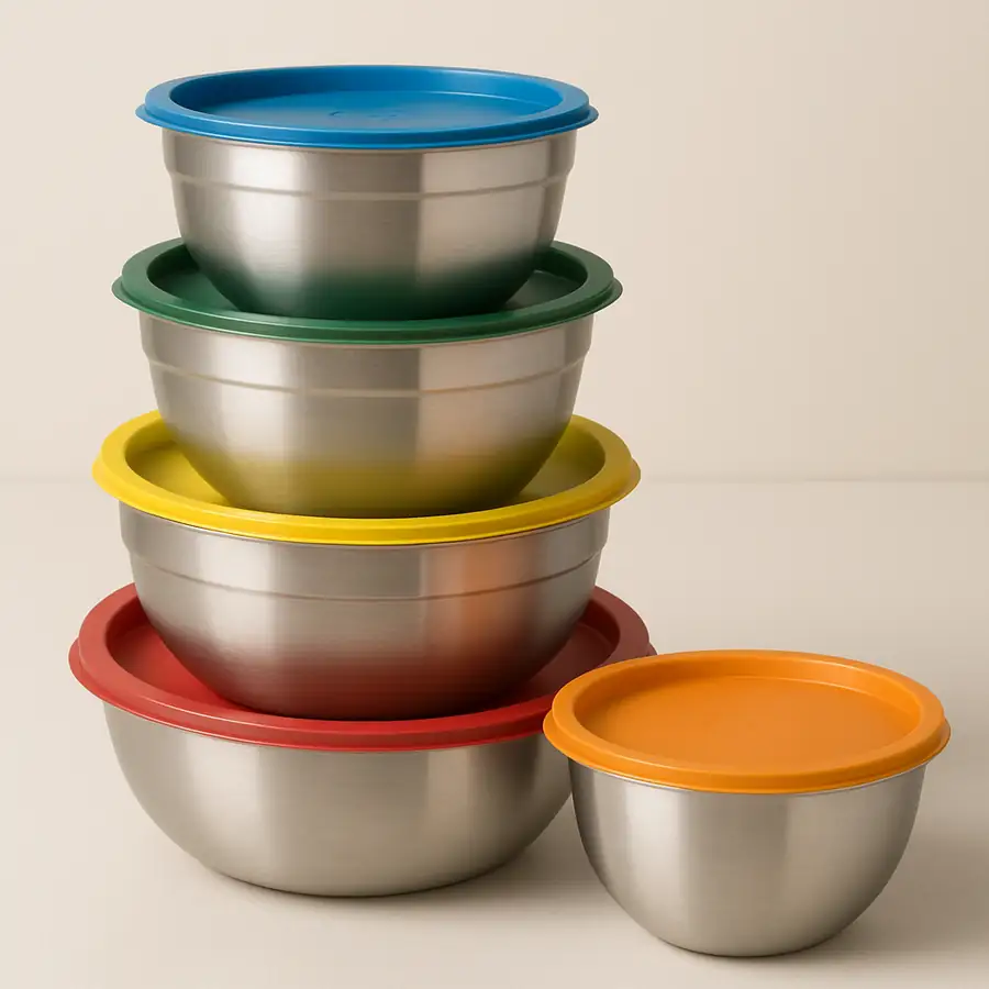 A set of stainless steel stackable mixing bowls with colorful airtight lids