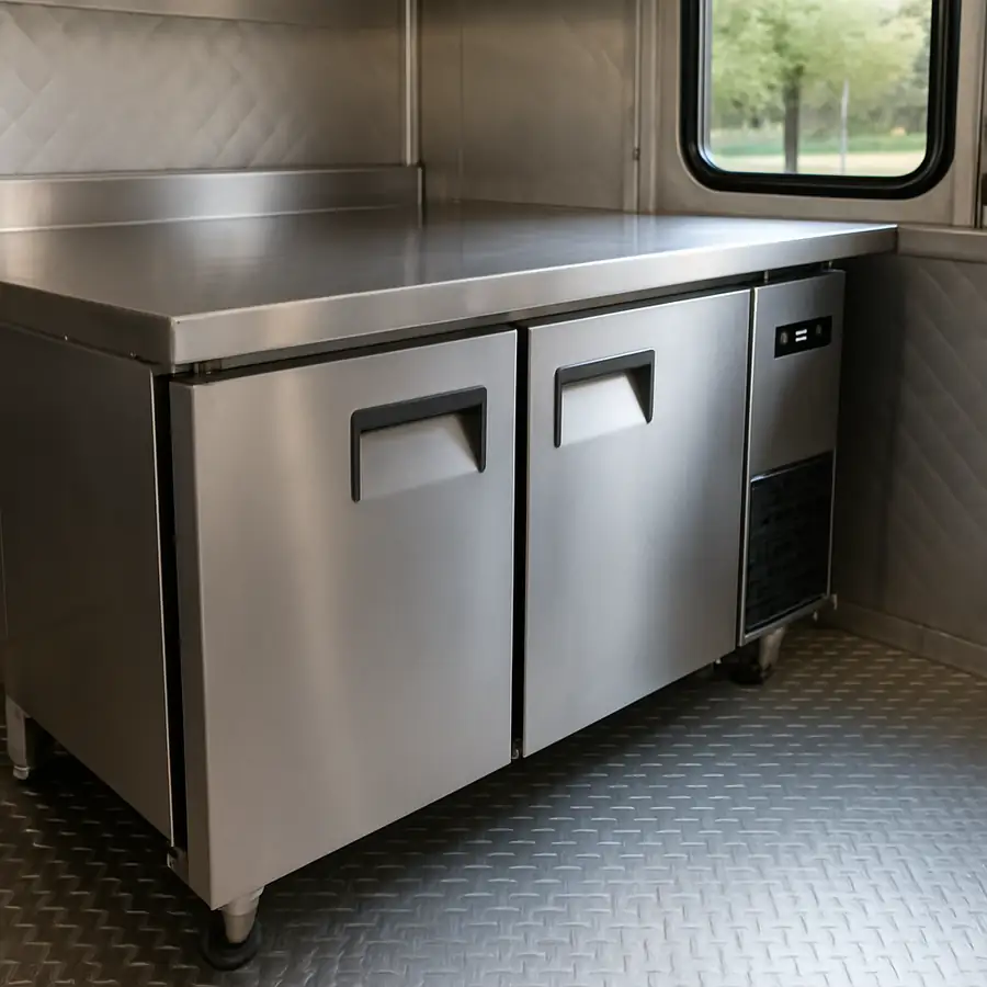 A high-quality photo of an under-counter commercial refrigerator installed beneath a stainless steel prep table inside a truck.