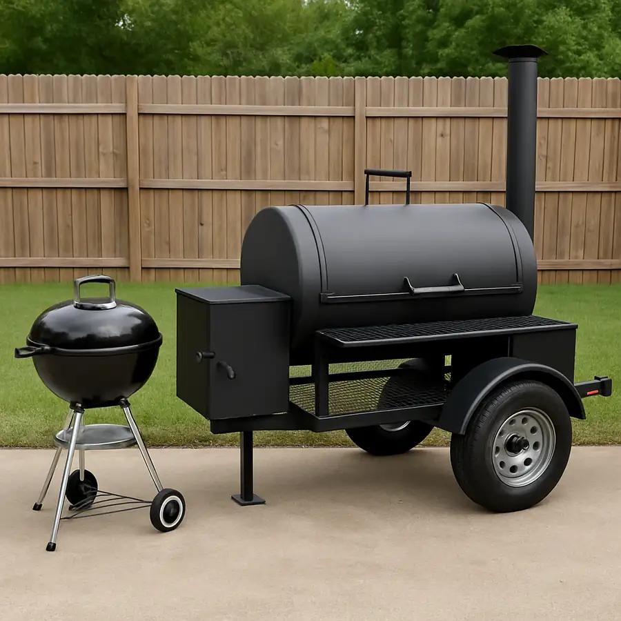 A side-by-side comparison of a standard backyard kettle grill next to a large, professional custom smoker trailer to illustrate scale and capability.