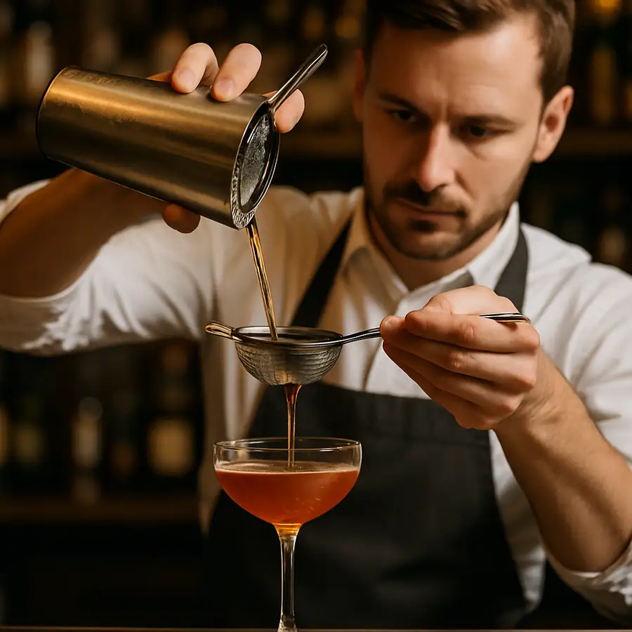 Professional bartender pouring a cocktail using a stainless steel shaker and strainer