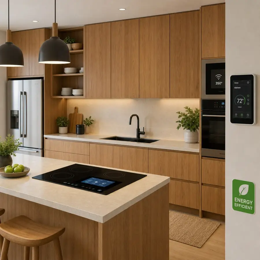 A modern, energy-efficient kitchen featuring smart induction cooktops and natural wood finishes