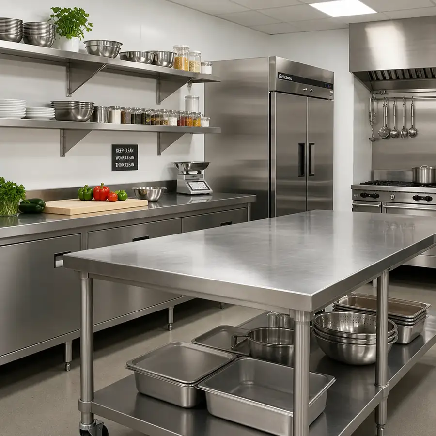 A pristine commercial kitchen showing gleaming heavy-duty stainless steel prep tables and wall-mounted shelving