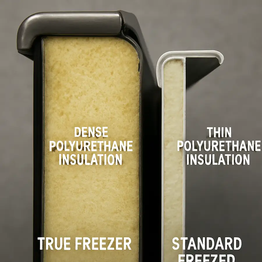 A close-up side-view of a True freezer door cross-section showing the density of the polyurethane insulation compared to a standard thin-walled freezer.