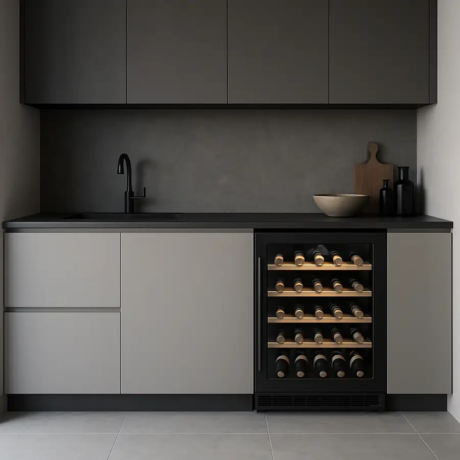 A sleek modern kitchen featuring a built-in 24 wine fridge under the counter