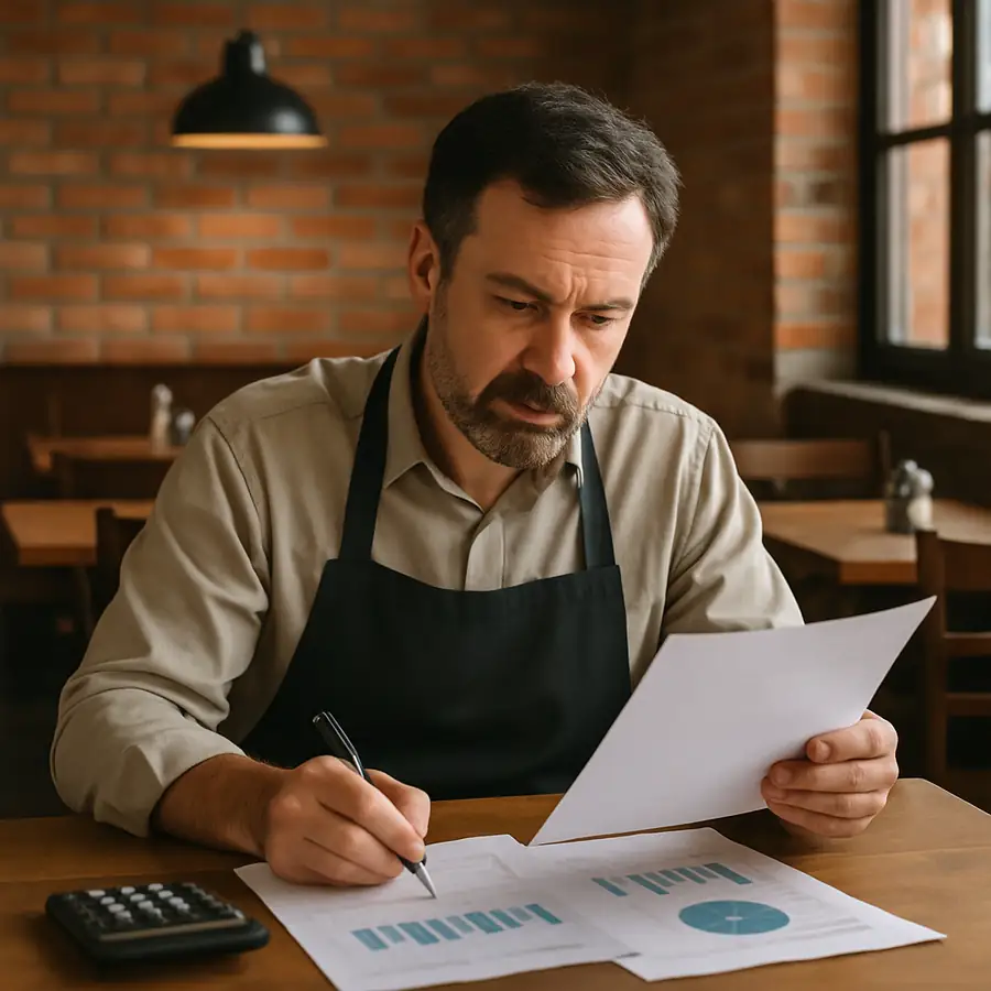A restaurant owner reviewing financial documents at a table