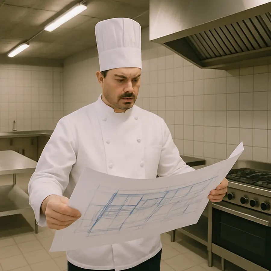 A chef reviewing a blueprint in a newly constructed, empty commercial kitchen