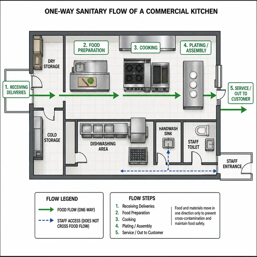 A top-down floor plan illustrating the one-way sanitary flow of a commercial kitchen in ENGLISH