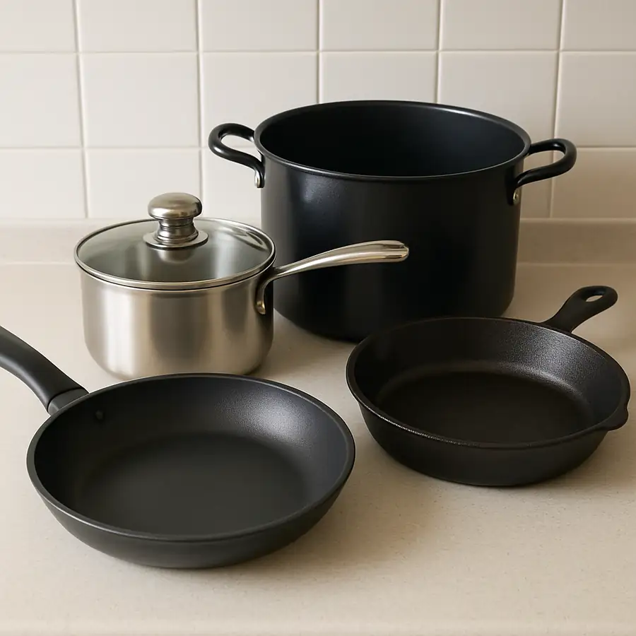 A simple, clean photo showing the four recommended pans laid out on a kitchen counter: a non-stick skillet, a saucepan with a lid, a large stockpot, and a cast iron skillet