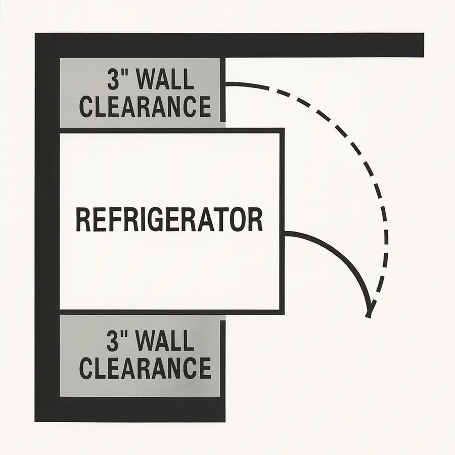 A top-down simplified floor plan showing a refrigerator with an arc representing the door swing and shaded areas indicating required 3-inch wall clearance.
