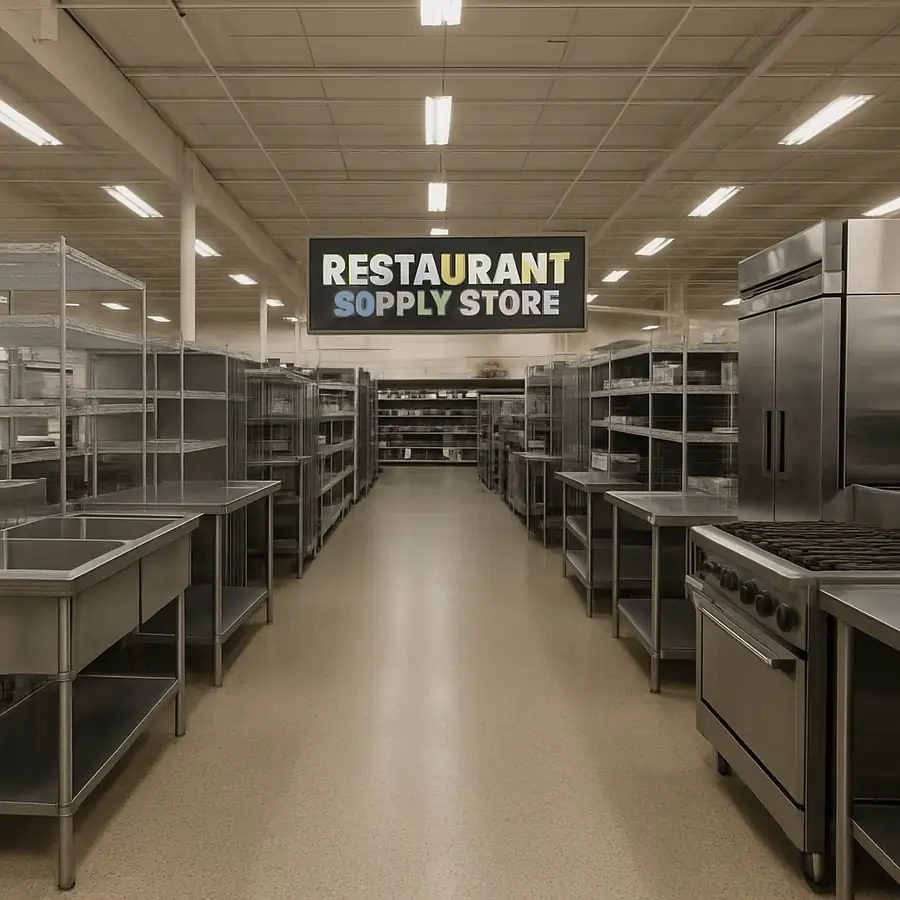 A wide aisle in a large restaurant supply store featuring stainless steel equipment and shelving in English