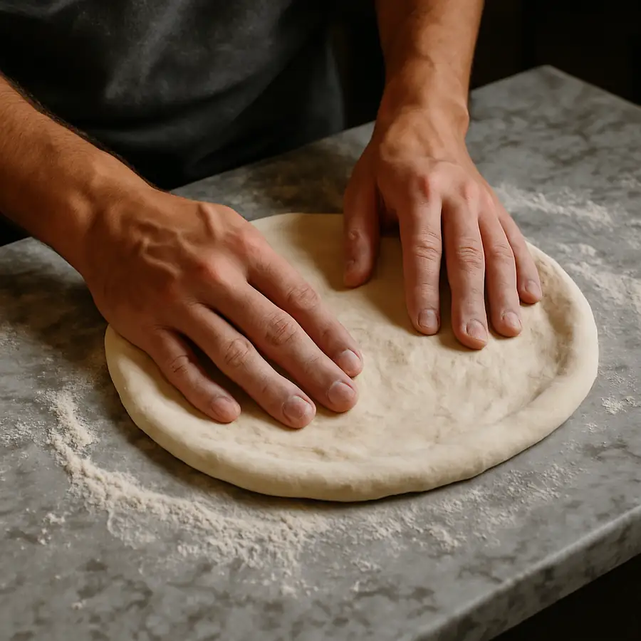 A close-up of a pizza maker stretching dough on a thick marble slab, highlighting the texture and flour dusting.