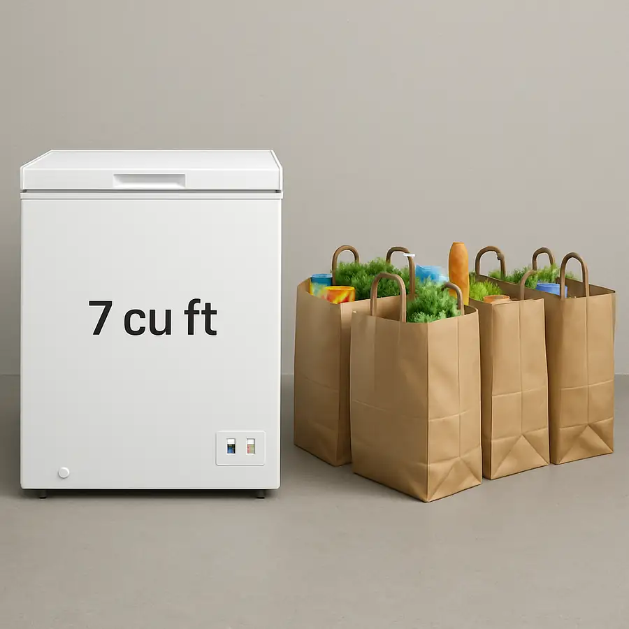 A side-by-side visual comparison of a standard 7 cu ft chest freezer next to 5 large grocery bags to show relative scale.