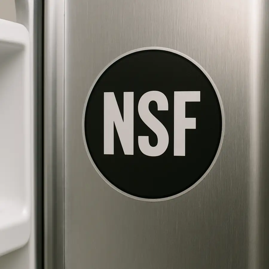 A close-up photo of an NSF certification seal on the interior side of a stainless steel refrigerator door.