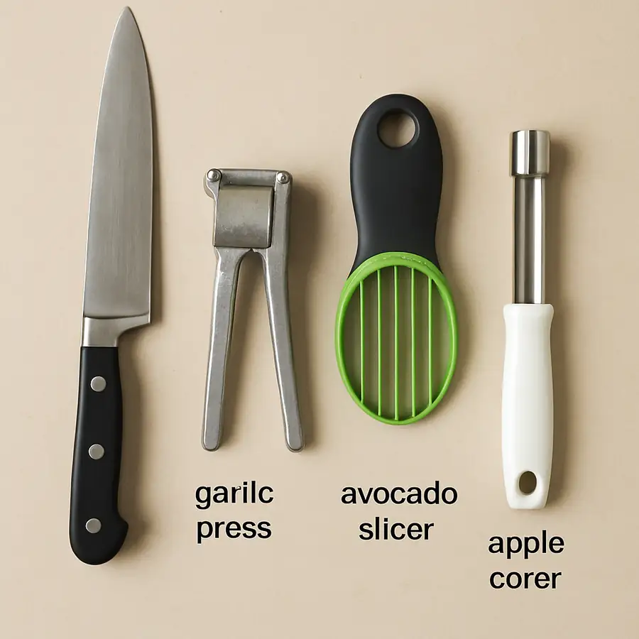 A simple image showing a chef's knife next to three single-use gadgets it can replace: a garlic press, an avocado slicer, and an apple corer