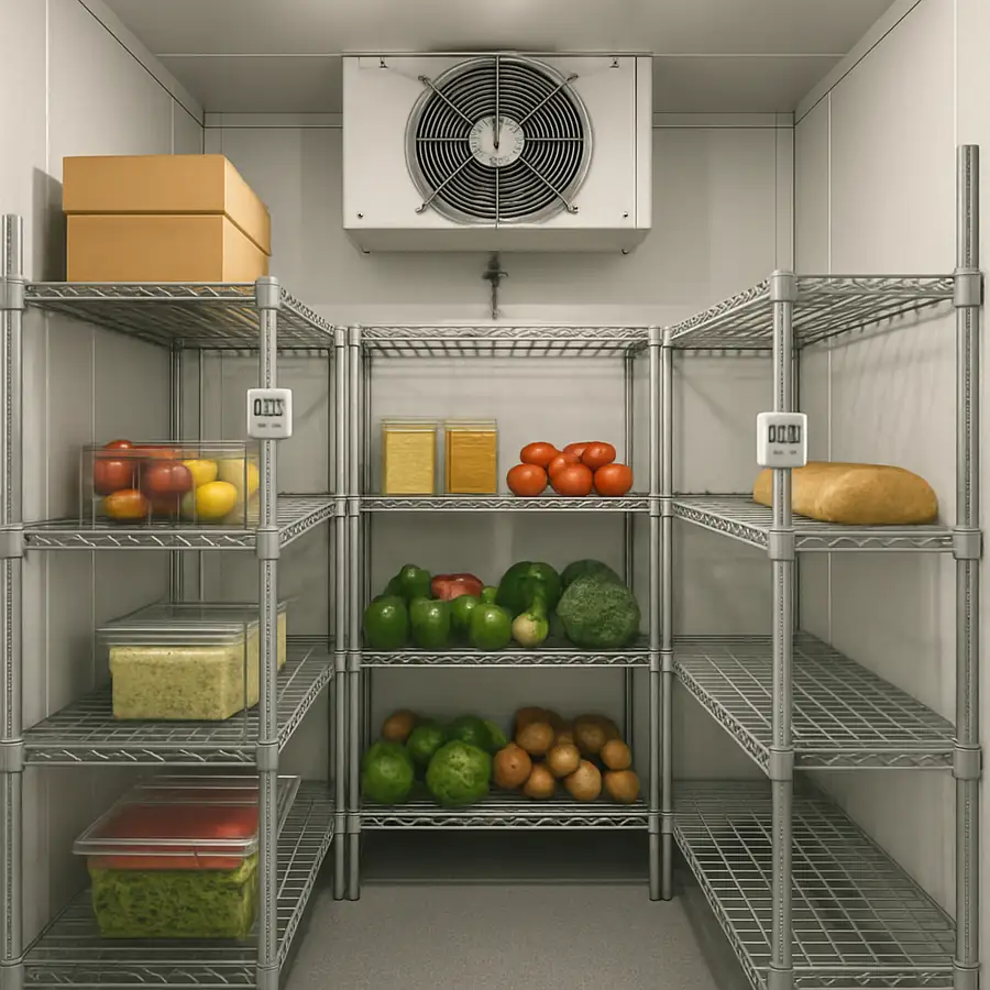 A modular walk-in cooler showing a clean, organized interior with small digital sensors attached to the shelving.