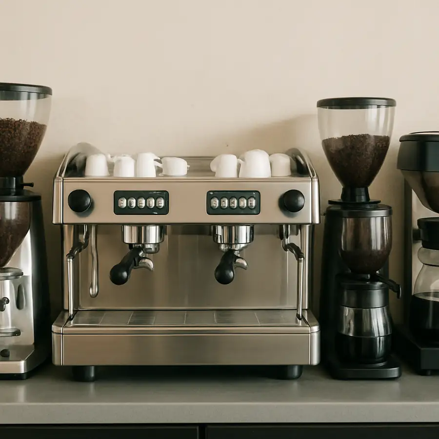 Image of cafe equipment including espresso machines, coffee grinders, and drip coffee makers