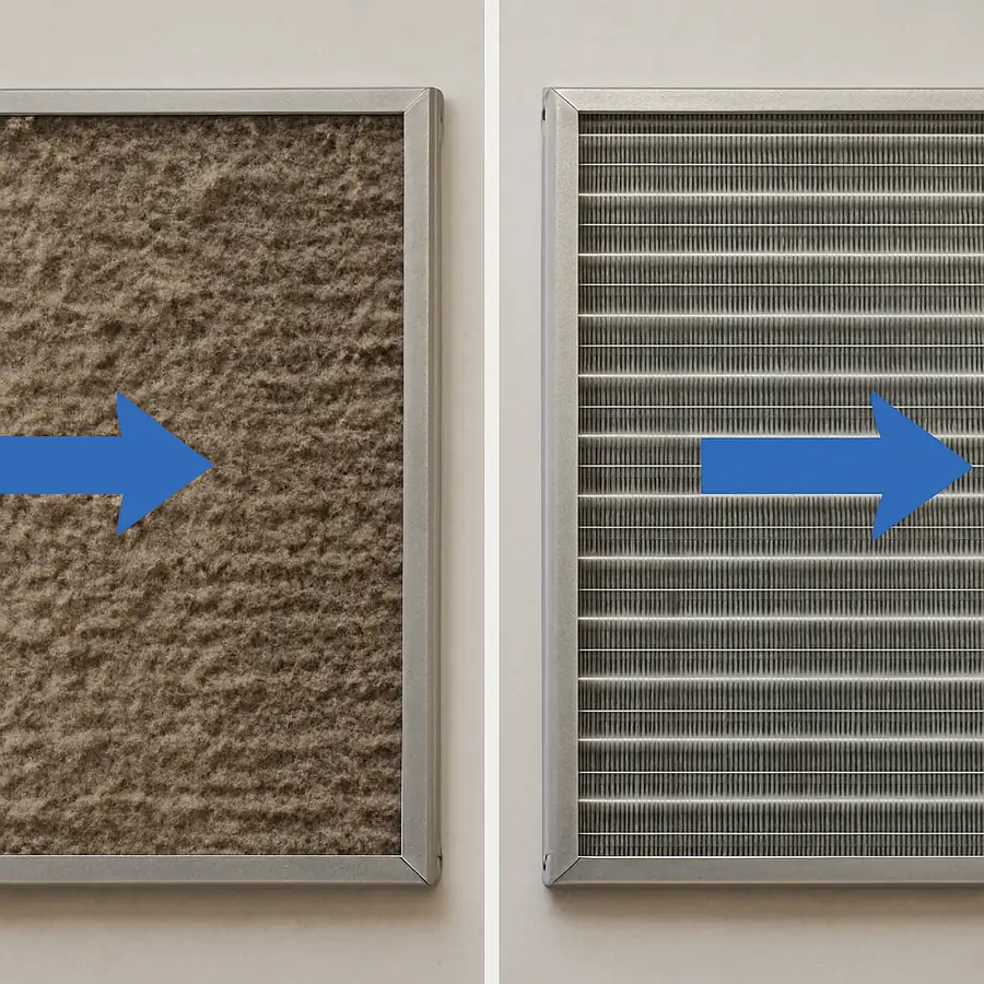 A side-by-side comparison of a dust-clogged coil versus a clean, metallic coil with airflow arrows.