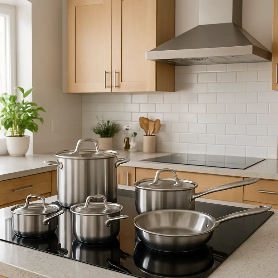 A beautiful, modern kitchen featuring a matching stainless steel cookware set on an induction stove