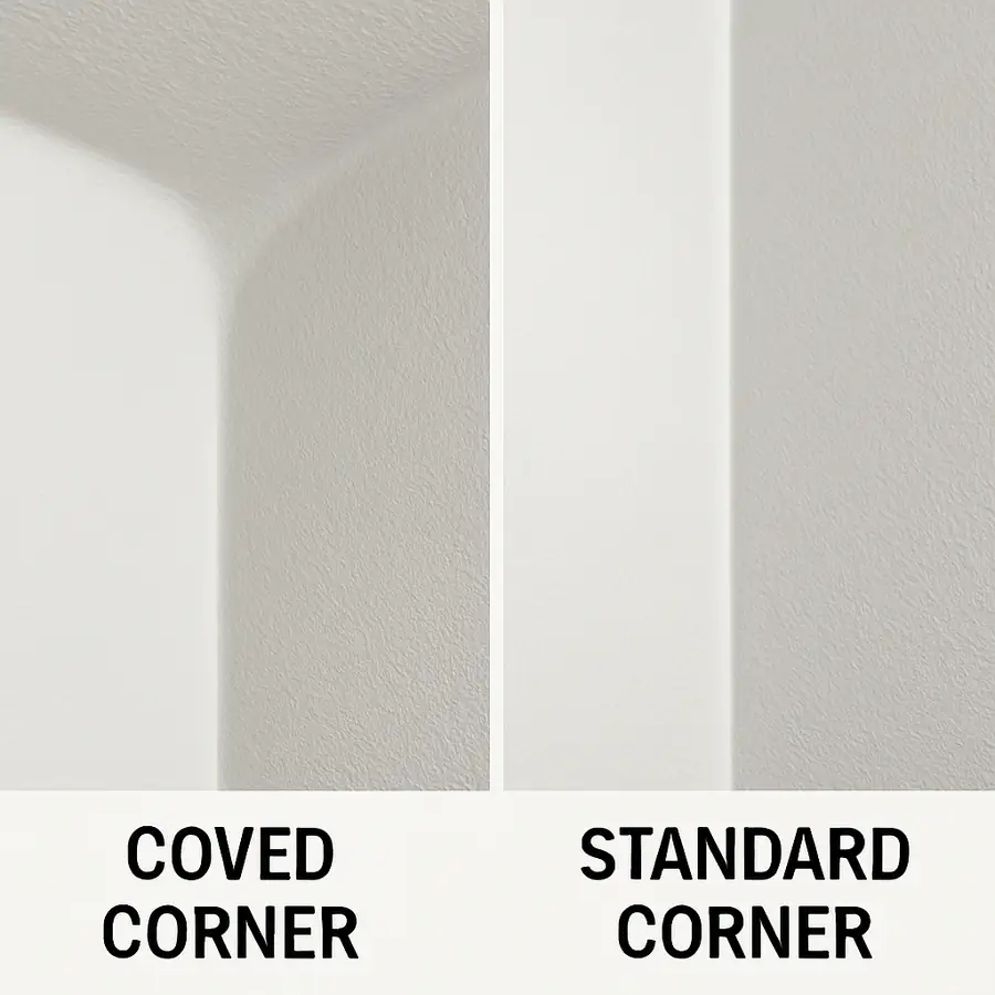 Close-up detail showing 'coved corners' (rounded interior corners) vs standard sharp corners.