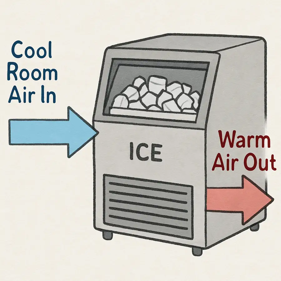 A simple illustration of an ice machine with arrows showing cool air being pulled in from the room and warm air being exhausted out, with text labels "Cool Room Air In" and "Warm Air Out"