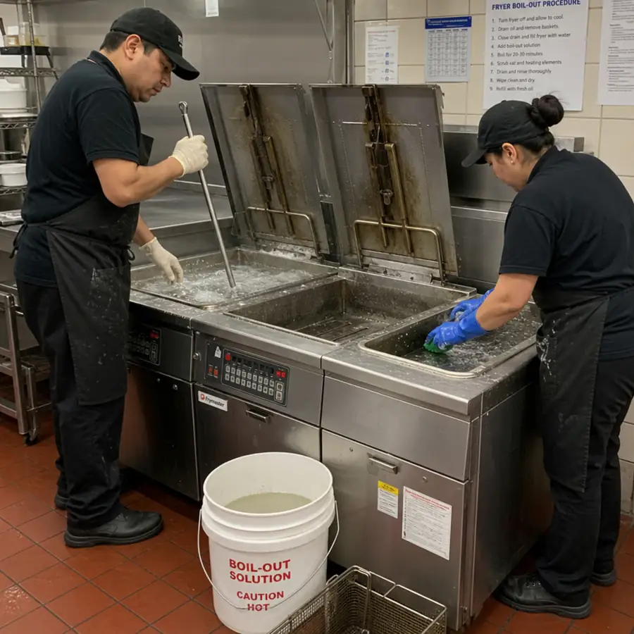 Kitchen staff performing a weekly boil-out and cleaning procedure on a commercial deep fryer