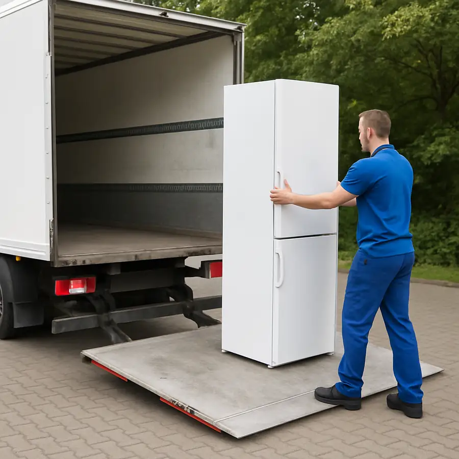 A simple stock photo of a delivery truck with a liftgate platform lowered to the ground, clearly showing how it helps unload a heavy item like a refrigerator