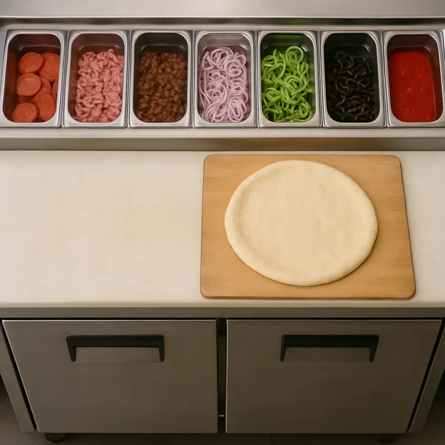 A clean, overhead photo of a pizza prep table showing the distinct sections: ingredients in the top rail, a dough skin on the board, and the storage doors below.