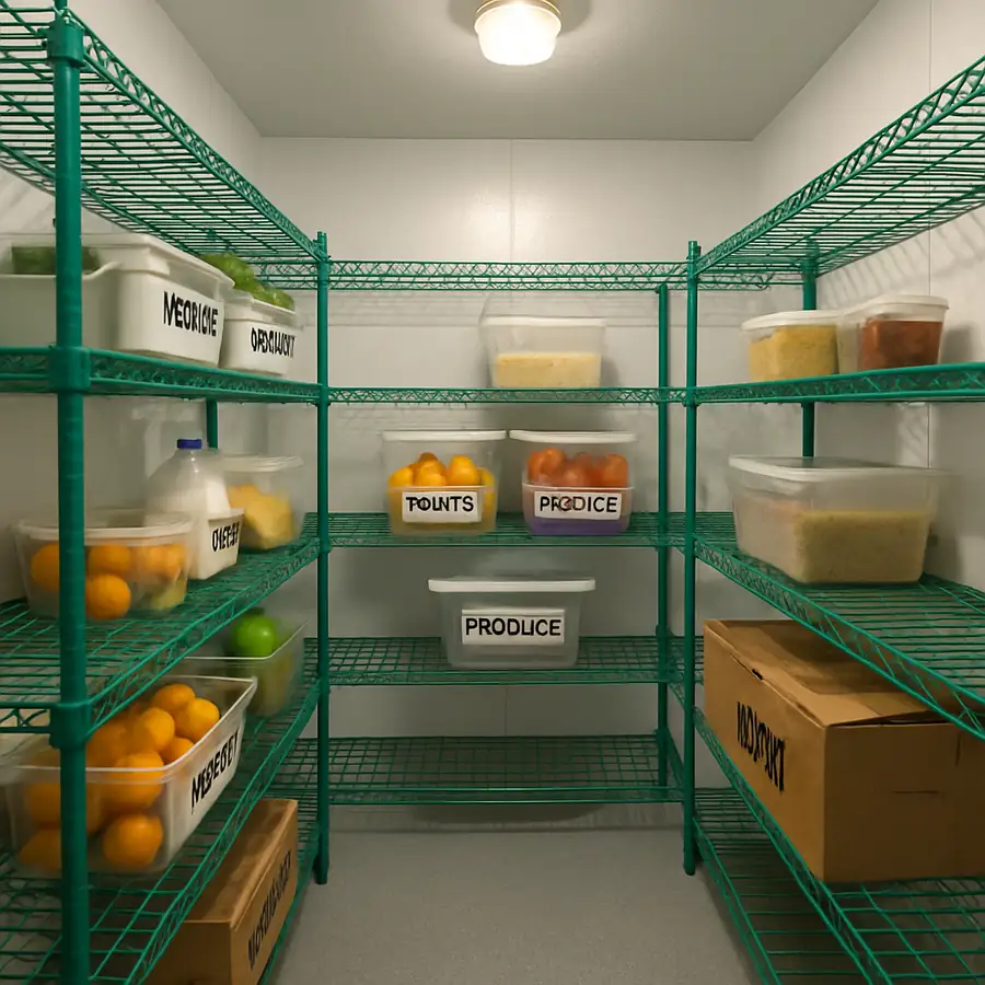 A brightly lit interior of a walk-in fridge with green epoxy-coated wire shelving, clearly labeled bins, and a non-slip floor.