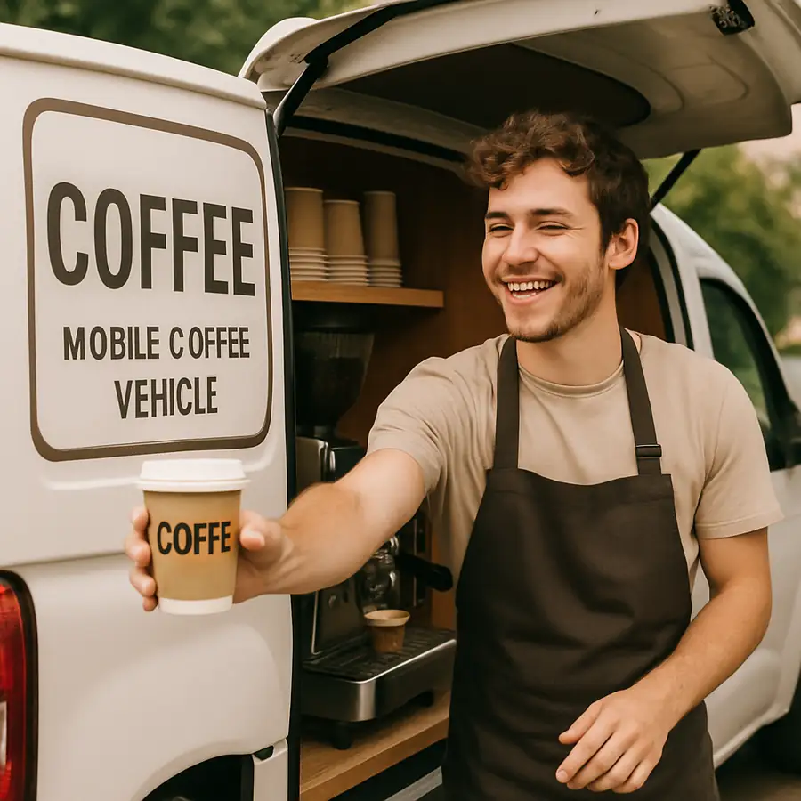 Barista serving coffee from a mobile coffee vehicle in ENGLISH