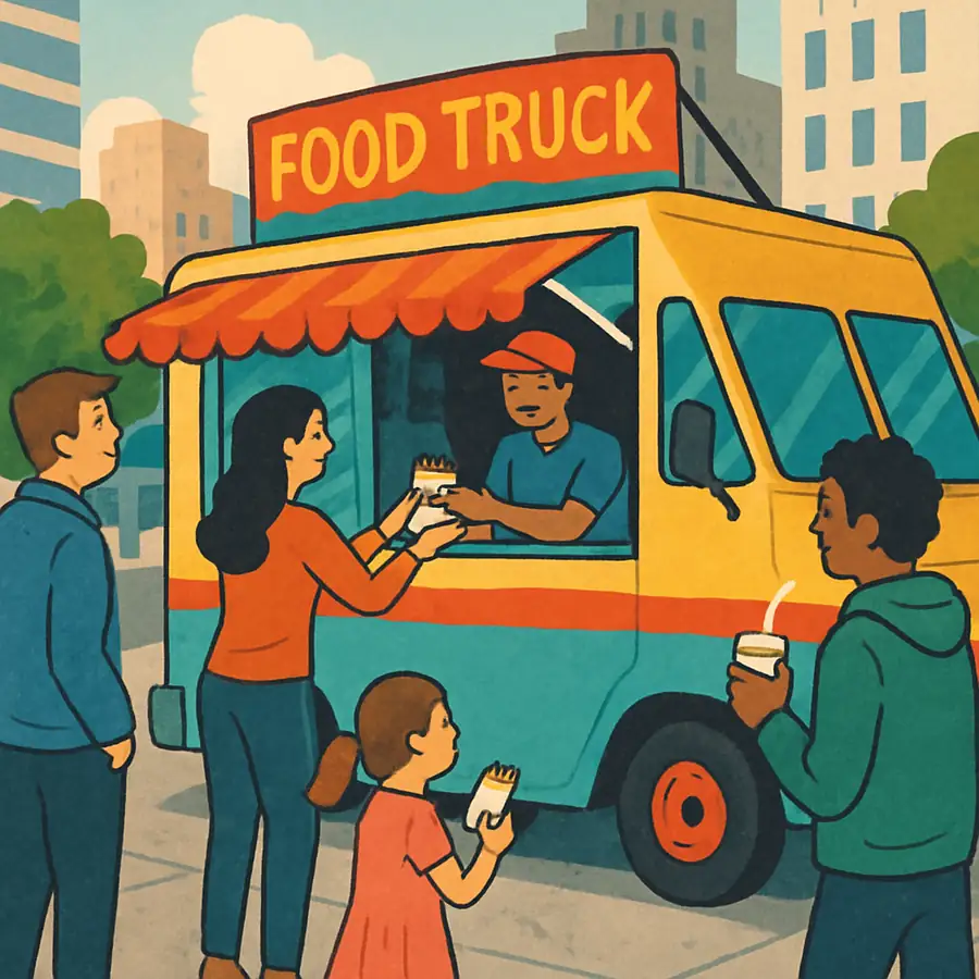 A vibrant food lorry serving customers on a busy street