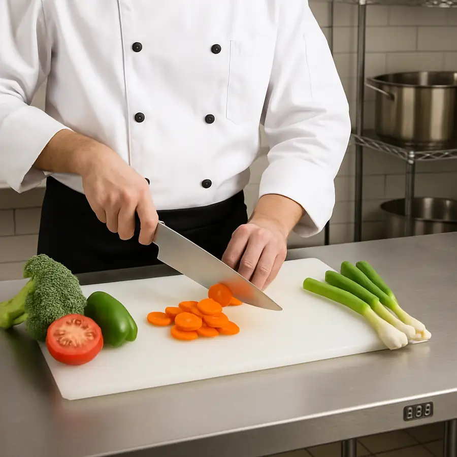 A chef expertly cutting vegetables on a clean, NSF certified stainless steel prep table