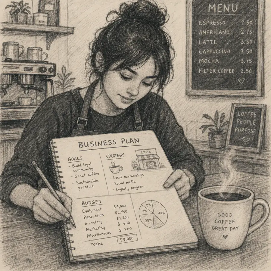 Barista sketching a business plan and budget on a notepad next to a steaming cup of coffee