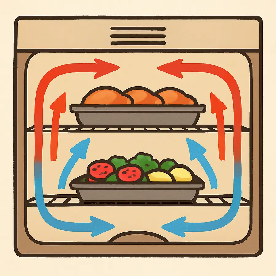 A simple illustration showing air currents moving around trays of food inside an oven.