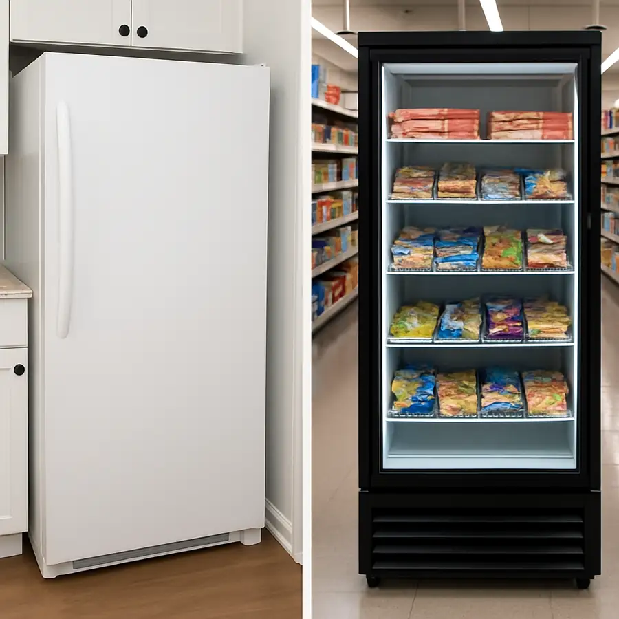 A simple side-by-side photo showing a solid door reach-in freezer (in a kitchen setting) next to a glass door merchandiser freezer (in a store aisle)