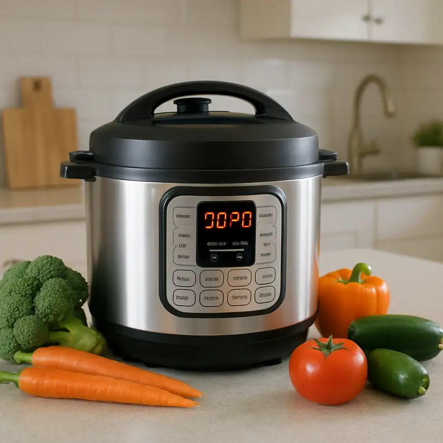 A modern electric pressure cooker sitting on a kitchen island with fresh vegetables nearby