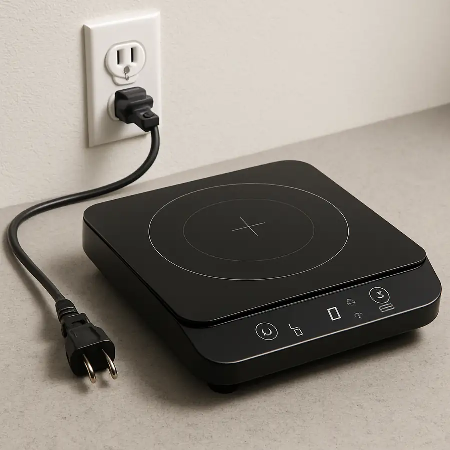 A photo of a portable induction burner next to a standard 120V outlet to show scale and connectivity.