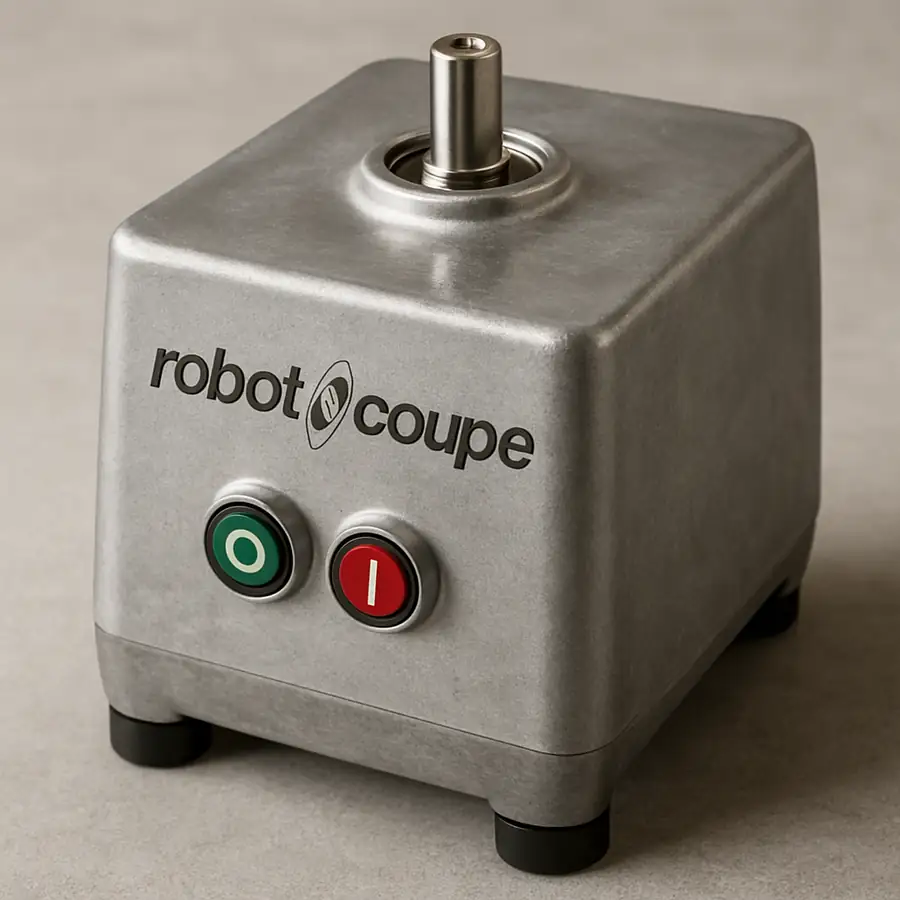 A close-up shot of the sturdy, heavy-duty motor base of a Robot Coupe machine, highlighting its solid construction and lack of external plastic parts.