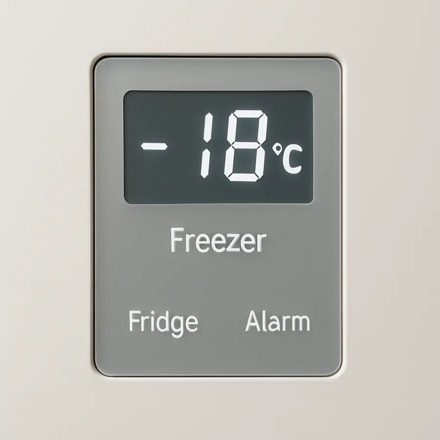 A clean, professional shot of a refrigerator's digital thermostat showing a perfectly steady temperature reading.