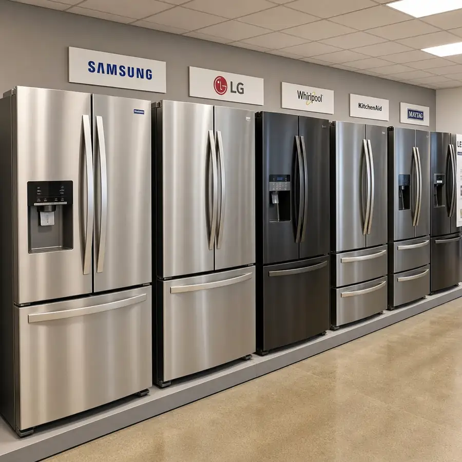 Modern commercial refrigerators lined up in a showroom