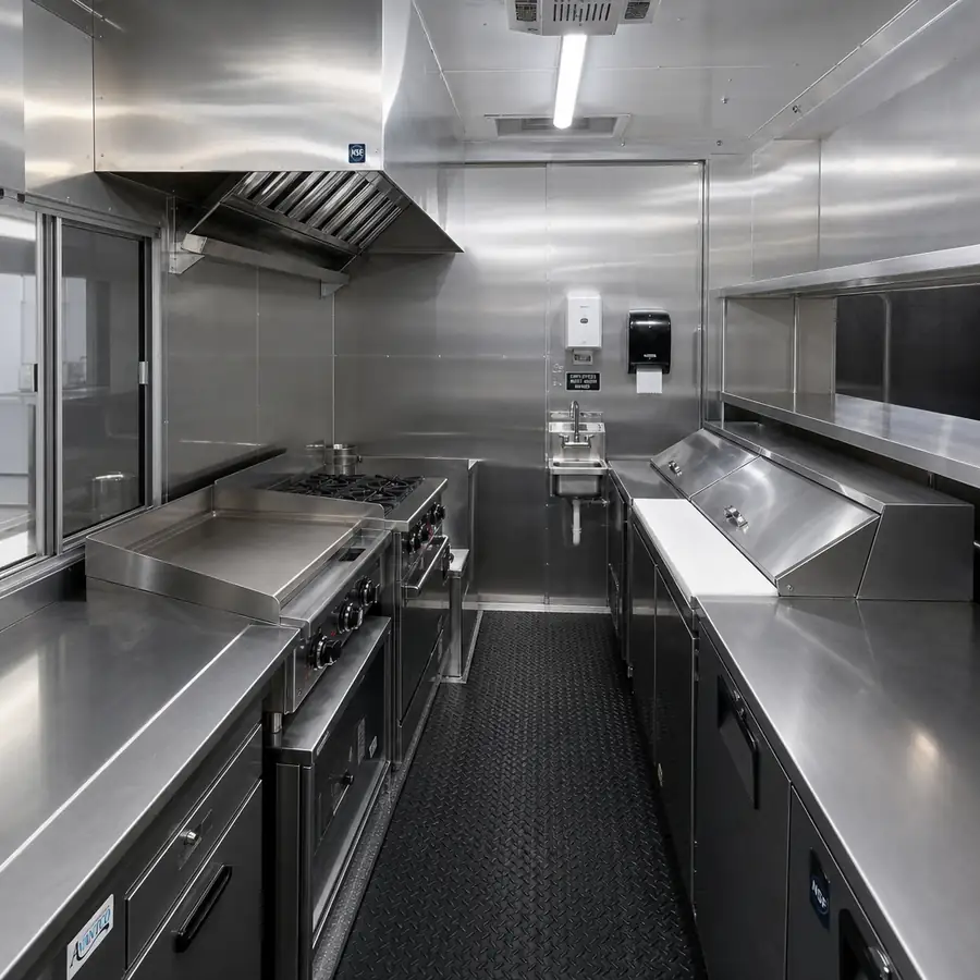 Interior view of a food trailer showing pristine, stainless steel NSF certified commercial kitchen equipment