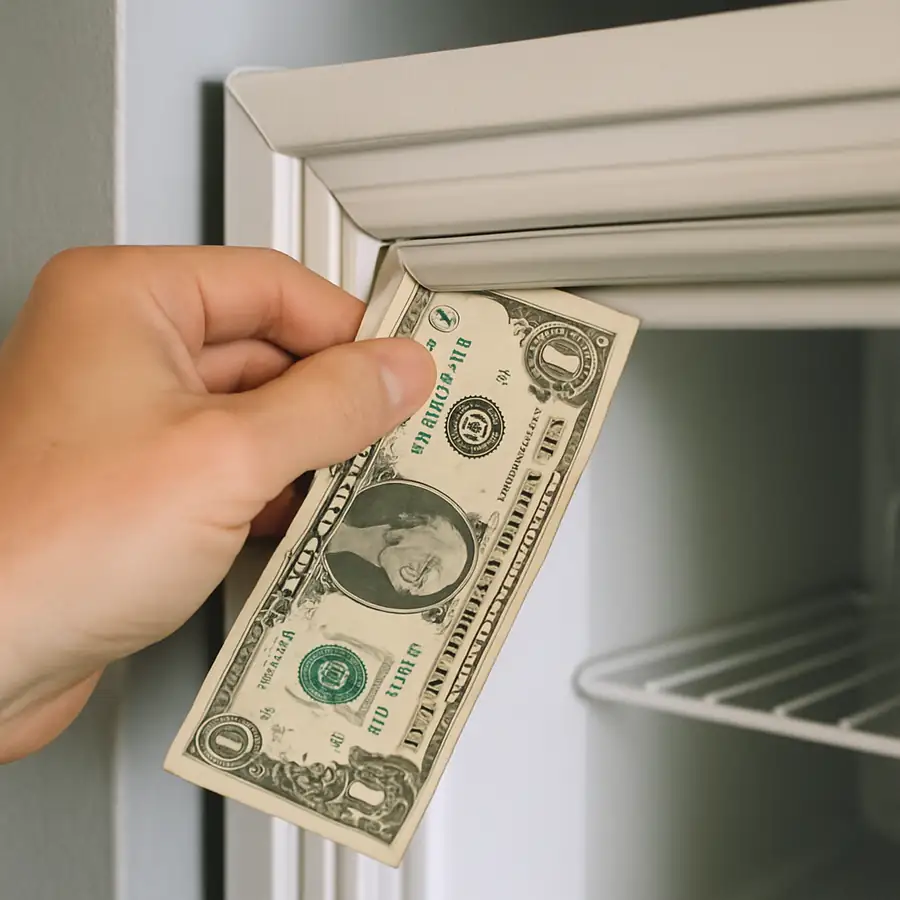 A close-up shot of a hand sliding a dollar bill between the rubber gasket and the freezer frame to test for resistance.