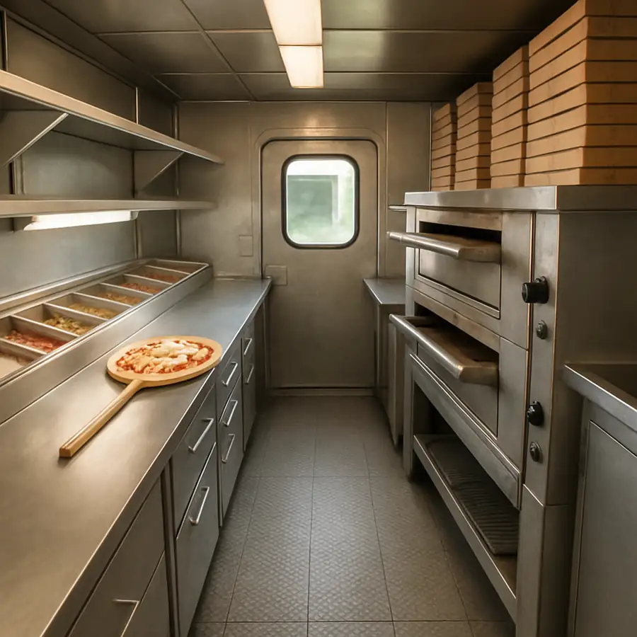 Interior view of a food truck showing a high throughput pizza truck layout with prep station and oven