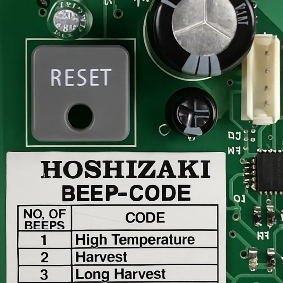 A close-up of the Hoshizaki control board highlighting the reset button and the beep-code label.