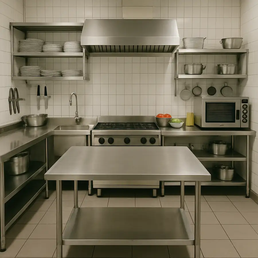 A clean, well-organized commercial kitchen prep area with stainless steel surfaces, representing a high-performing environment.