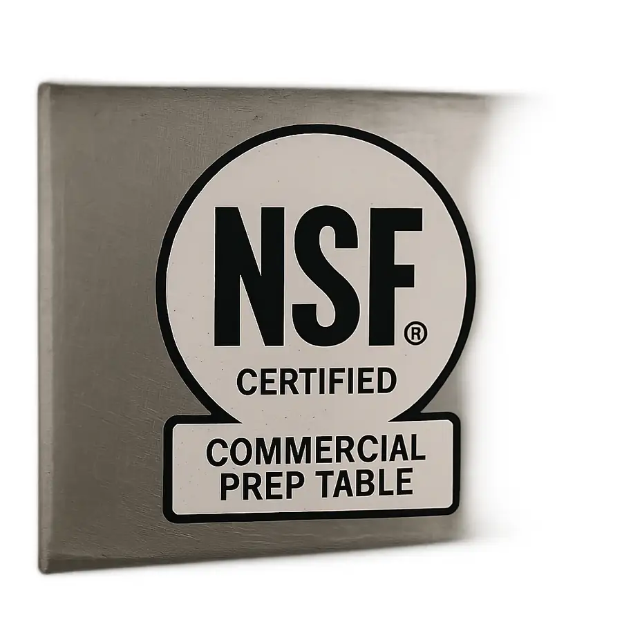 Close up of an NSF certification sticker on a stainless steel commercial prep table